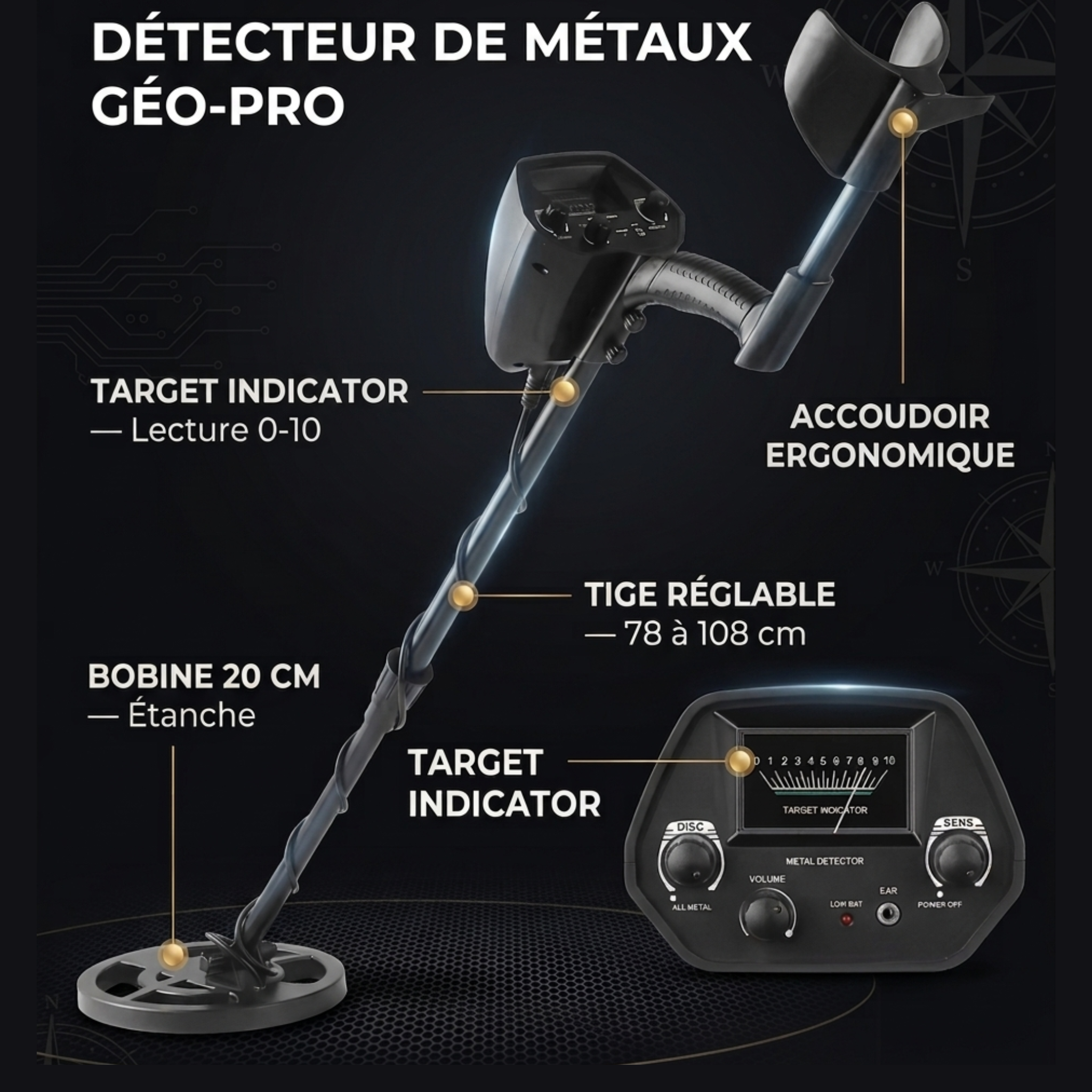 Détecteur de Métaux Pointeur Mécanique – 5,69 kHz | Bobine Étanche 7,9" | Tout Métal & Disque