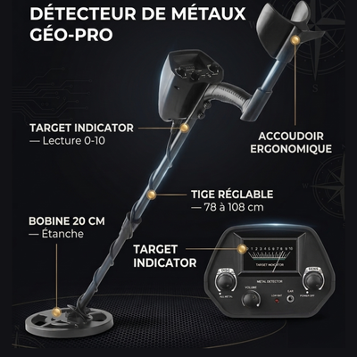 Détecteur de Métaux Pointeur Mécanique – 5,69 kHz | Bobine Étanche 7,9" | Tout Métal & Disque